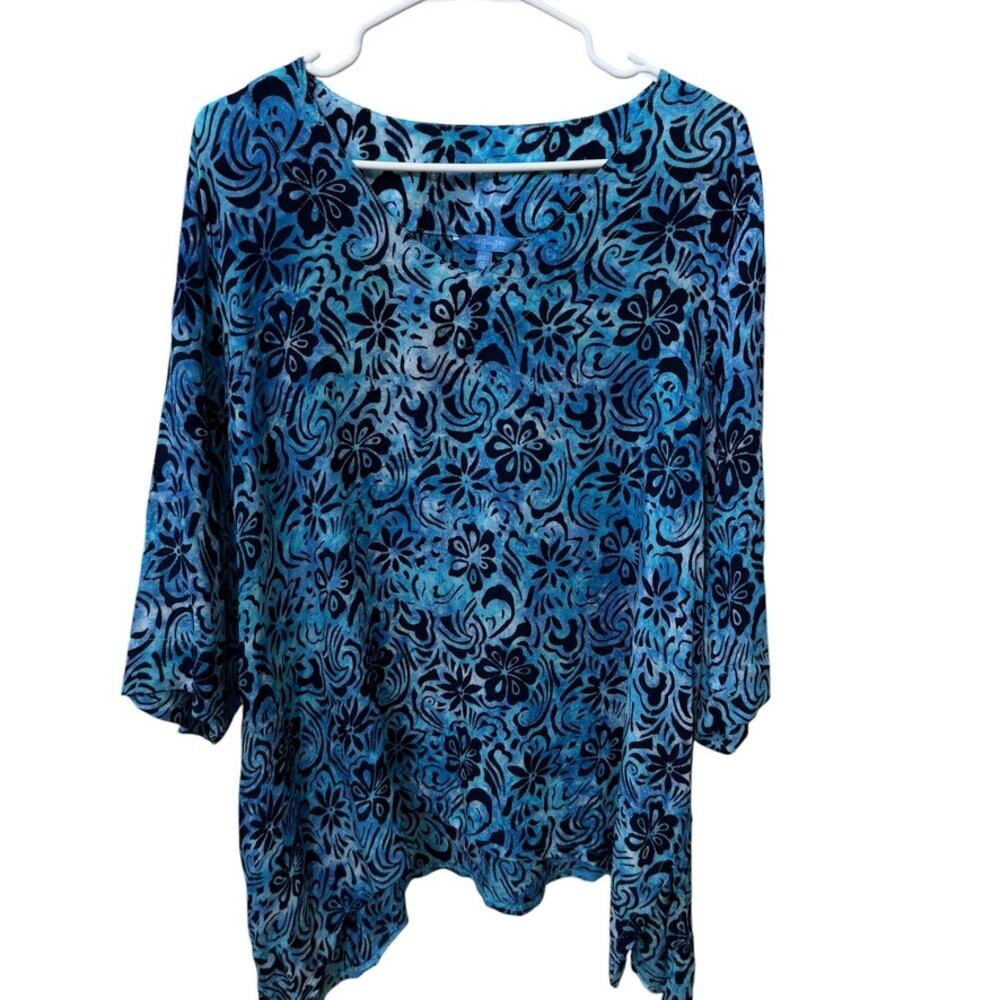 Blue Ginger Top Women XXL Blue Tropical Floral Hawaii V Neck Blouse Rayon Tunics